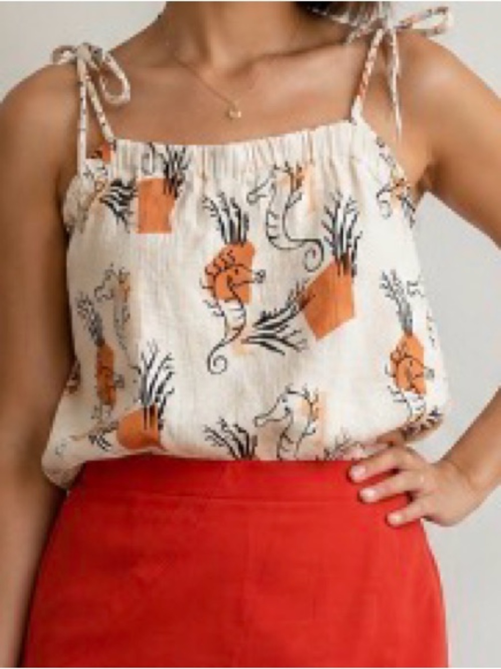 MADEWELL Cream Orange and Black Cotton Beachy Spaghetti Strap Cropped Tank S
